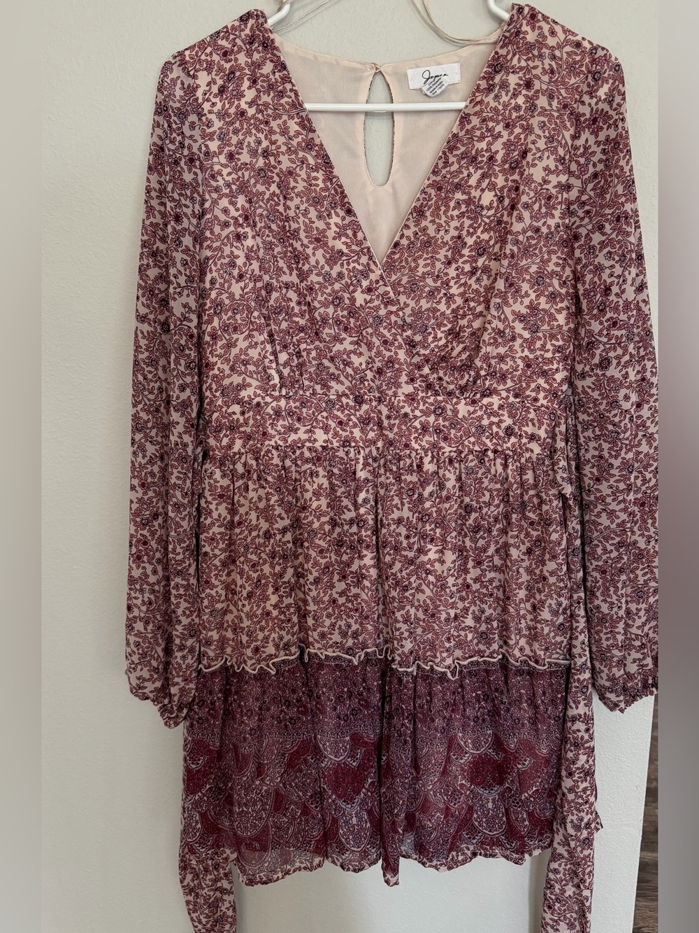 Jolt Dusty Rose Floral V-Neck Long Sleeve Dress